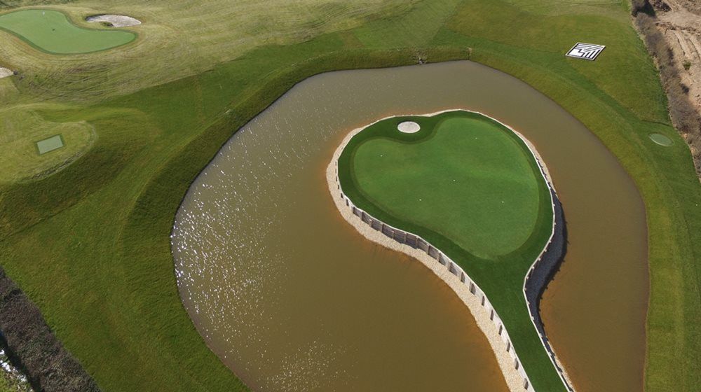 Jacksonville Aerial view of a vibrant green synthetic grass island in a natural pond on a golf course
